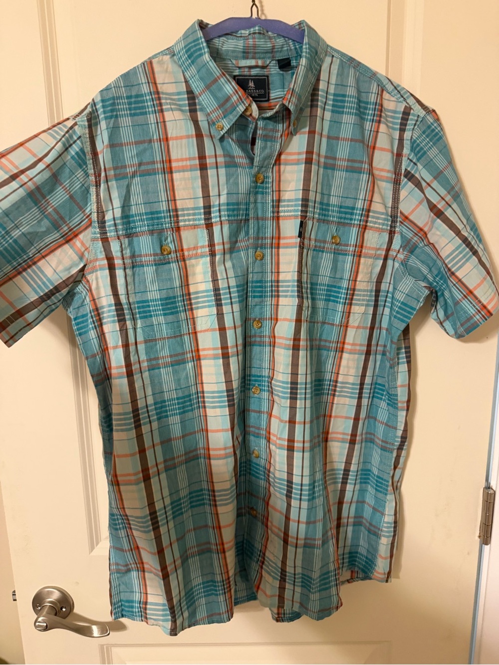 G.H. Bass & Co. Teal, White & Orange Plaid Short-Sleeve Button-Down Shirt